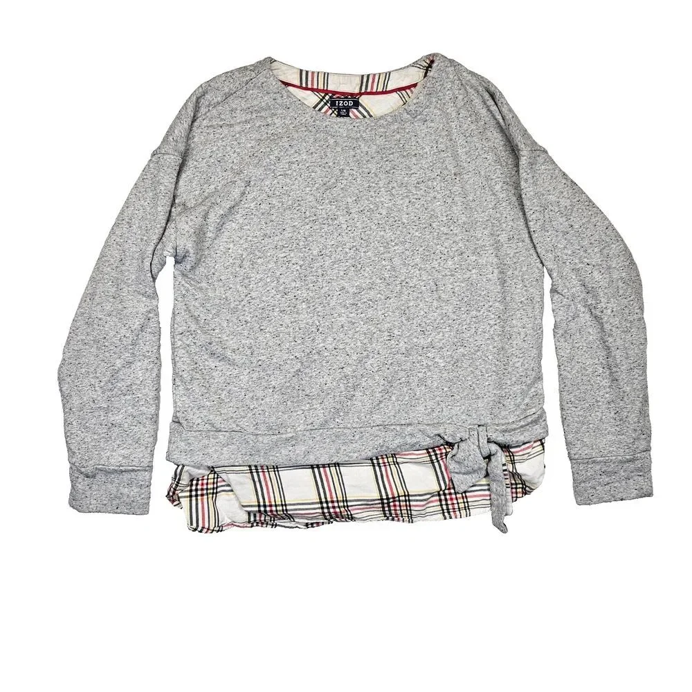 Izod Womens Sweatshirt Shirttail Hem Stretch Tie Waist Heathered Gray Plaid L